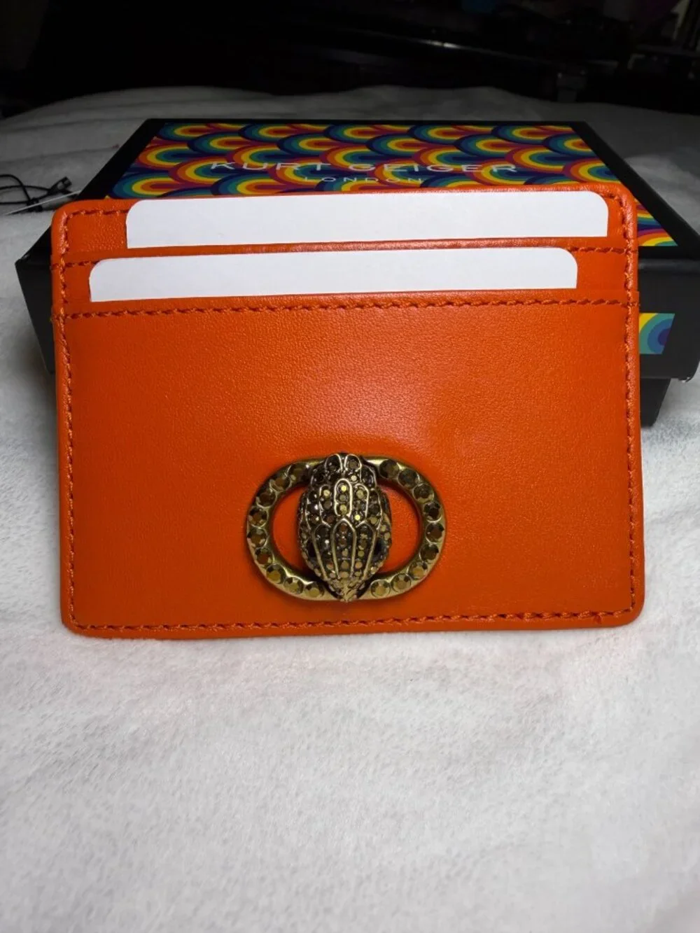 Kurt Geiger London Orange Card Holder With Metallic Eagle Design & Gift Box NWT
